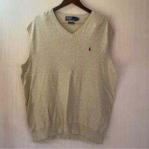 Polo by Ralph Lauren Men's Beige Pima Cotton V-Neck Sweater Vest Navy Pony LT